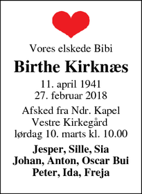 Dødsannoncen for Birthe Kirknæs - Frederiksberg