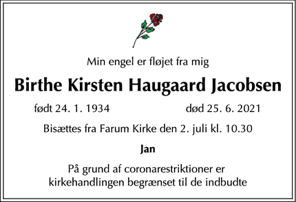 Dødsannoncen for Birthe Kirsten Haugaard Jacobsen - Farum