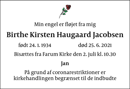 Dødsannoncen for Birthe Kirsten Haugaard Jacobsen - Farum