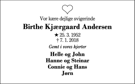 Dødsannoncen for Birthe Kjærgaard Andersen - Birkerød