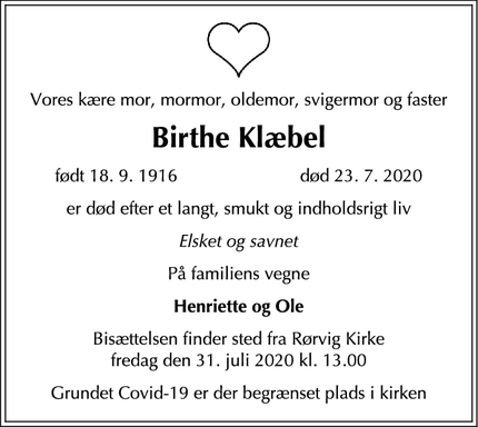 Dødsannoncen for Birthe Klæbel - Højby