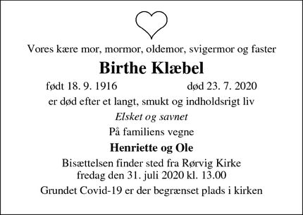Dødsannoncen for Birthe Klæbel - Højby
