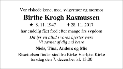 Dødsannoncen for Birthe Krogh Rasmussen - Værløse