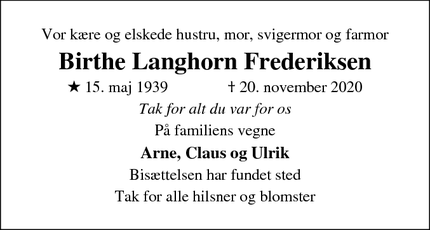 Dødsannoncen for Birthe Langhorn Frederiksen - Hillerød