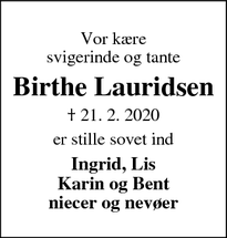 Dødsannoncen for Birthe Lauridsen - Ulfborg