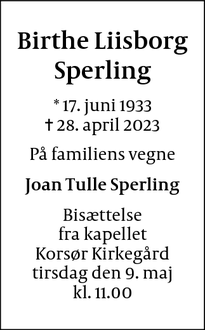 Dødsannoncen for Birthe Liisborg
Sperling - Korsør