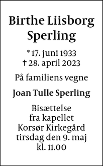 Dødsannoncen for Birthe Liisborg
Sperling - Korsør