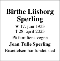 Dødsannoncen for Birthe Liisborg
Sperling - Korsør