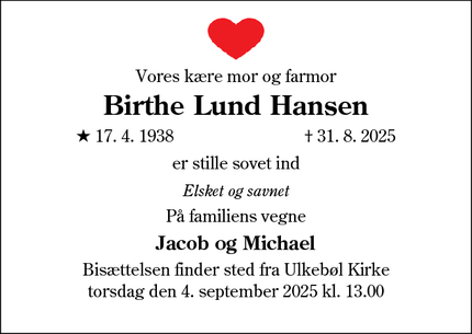 Dødsannoncen for Birthe Lund Hansen - Sønderborg