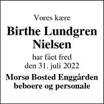 Dødsannoncen for Birthe Lundgren
Nielsen - Nykøbing Mors