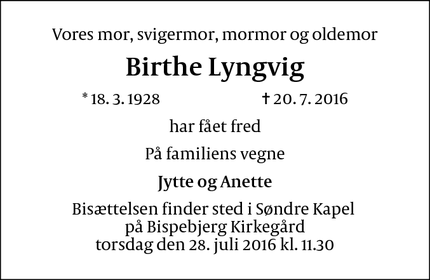 Dødsannoncen for Birthe Lyngvig - København