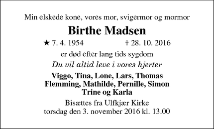 Dødsannoncen for Birthe Madsen  - Ulfborg