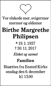 Dødsannoncen for Birthe Margrethe Philipsen  - Stubbæk
