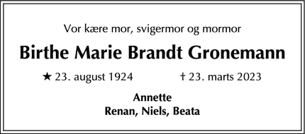 Dødsannoncen for Birthe Marie Brandt Gronemann - Frederiksberg