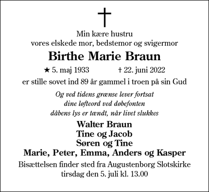 Dødsannoncen for Birthe Marie Braun - Augustenborg