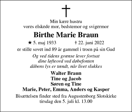 Dødsannoncen for Birthe Marie Braun - Augustenborg
