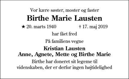 Dødsannoncen for Birthe Marie Lausten - Haderslev