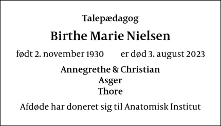 Dødsannoncen for Birthe Marie Nielsen - Frederiksberg