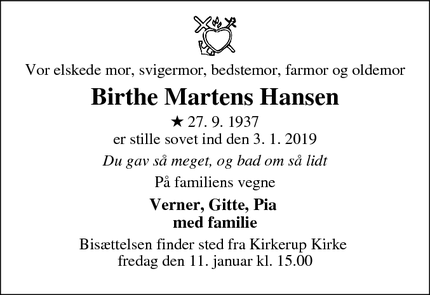Dødsannoncen for Birthe Martens Hansen - Ågerup