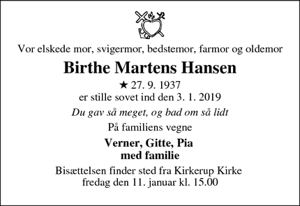 Dødsannoncen for Birthe Martens Hansen - Ågerup