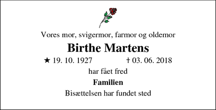 Dødsannoncen for Birthe Martens - Smørum