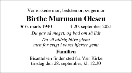 Dødsannoncen for Birthe Murmann Olesen - Stensballe