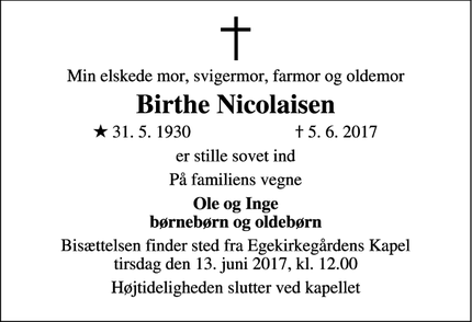 Dødsannoncen for Birthe Nicolaisen - Holstebro