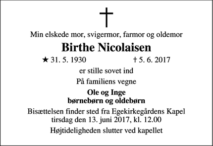 Dødsannoncen for Birthe Nicolaisen - Holstebro