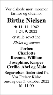 Dødsannoncen for Birthe Nielsen - Odense 