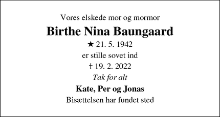 Dødsannoncen for Birthe Nina Baungaard - Horsens