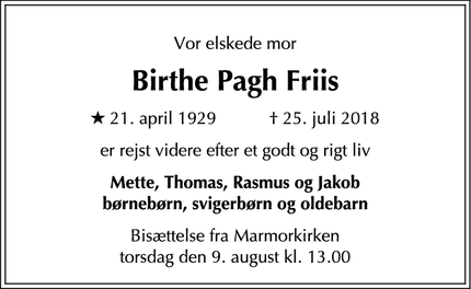 Dødsannoncen for Birthe Pagh Friis - Charlottenlund