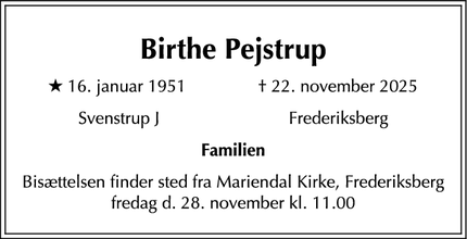 Dødsannoncen for Birthe Pejstrup - Vedbæk