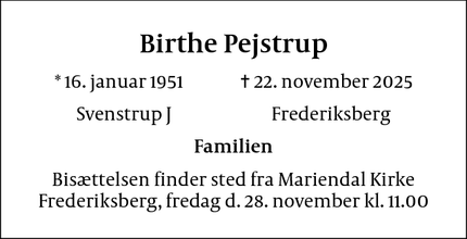 Dødsannoncen for Birthe Pejstrup - Vedbæk