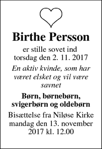 Dødsannoncen for Birthe Persson - Dianalund