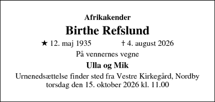 Dødsannoncen for Birthe Refslund - Fanø