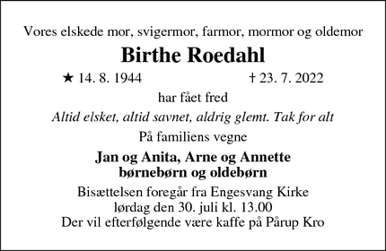 Dødsannoncen for Birthe Roedahl - Engesvang