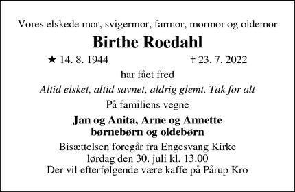 Dødsannoncen for Birthe Roedahl - Engesvang