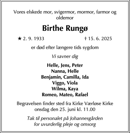 Dødsannoncen for Birthe Rungø - Værløse