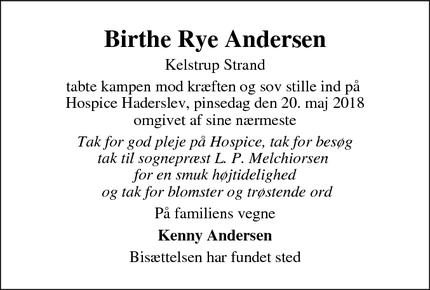 Dødsannoncen for Birthe Rye Andersen - Haderslev