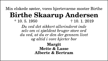 Dødsannoncen for Birthe Skaarup Andersen - Pandrup