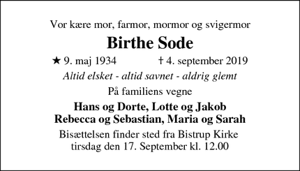 Dødsannoncen for Birthe Sode - Birkerød