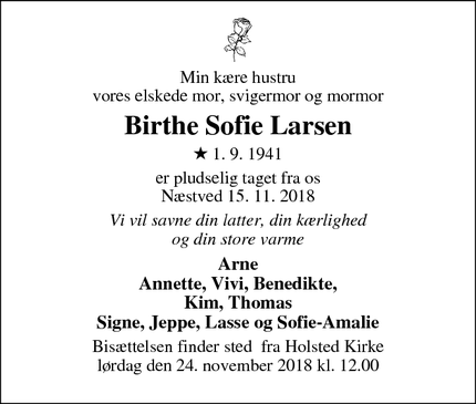 Dødsannoncen for Birthe Sofie Larsen - Næstved