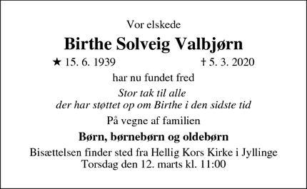Dødsannoncen for Birthe Solveig Valbjørn - Jyllinge