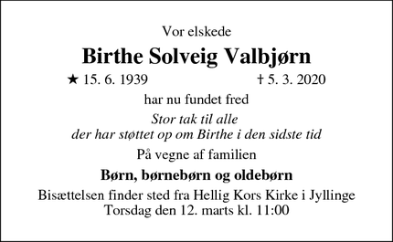 Dødsannoncen for Birthe Solveig Valbjørn - Jyllinge
