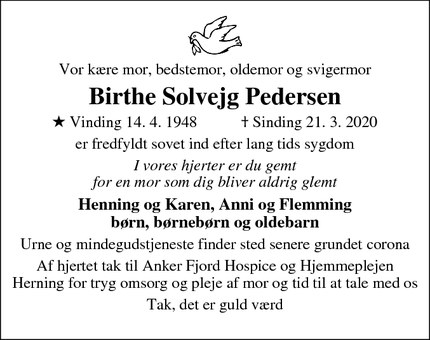 Dødsannoncen for Birthe Solvejg Pedersen - Aulum