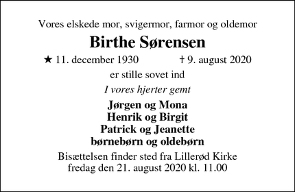 Dødsannoncen for Birthe Sørensen - Allerød