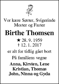Dødsannoncen for Birthe Thomsen - Skjern