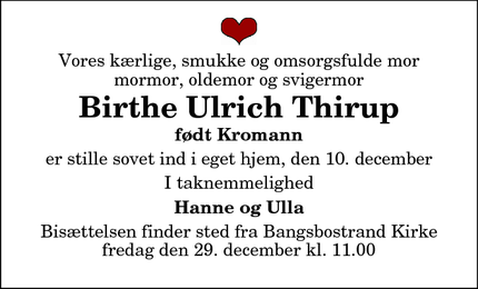 Dødsannoncen for Birthe Ulrich Thirup - Frederikshavn