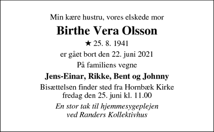Dødsannoncen for Birthe Vera Olsson - Randers