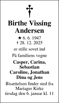 Dødsannoncen for Birthe Vissing
Andersen - Højbjerg